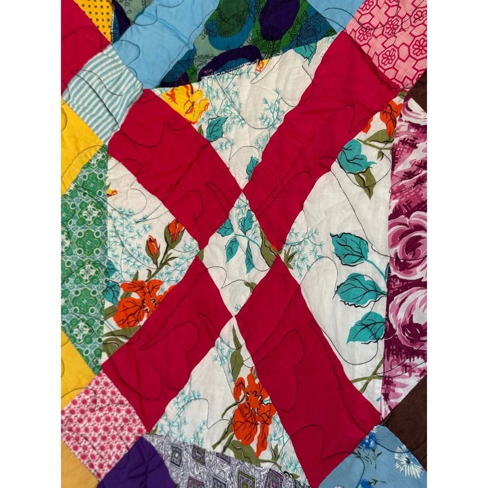 Handmade Patchwork X-Block Quilt Multicolor Heart Stitched